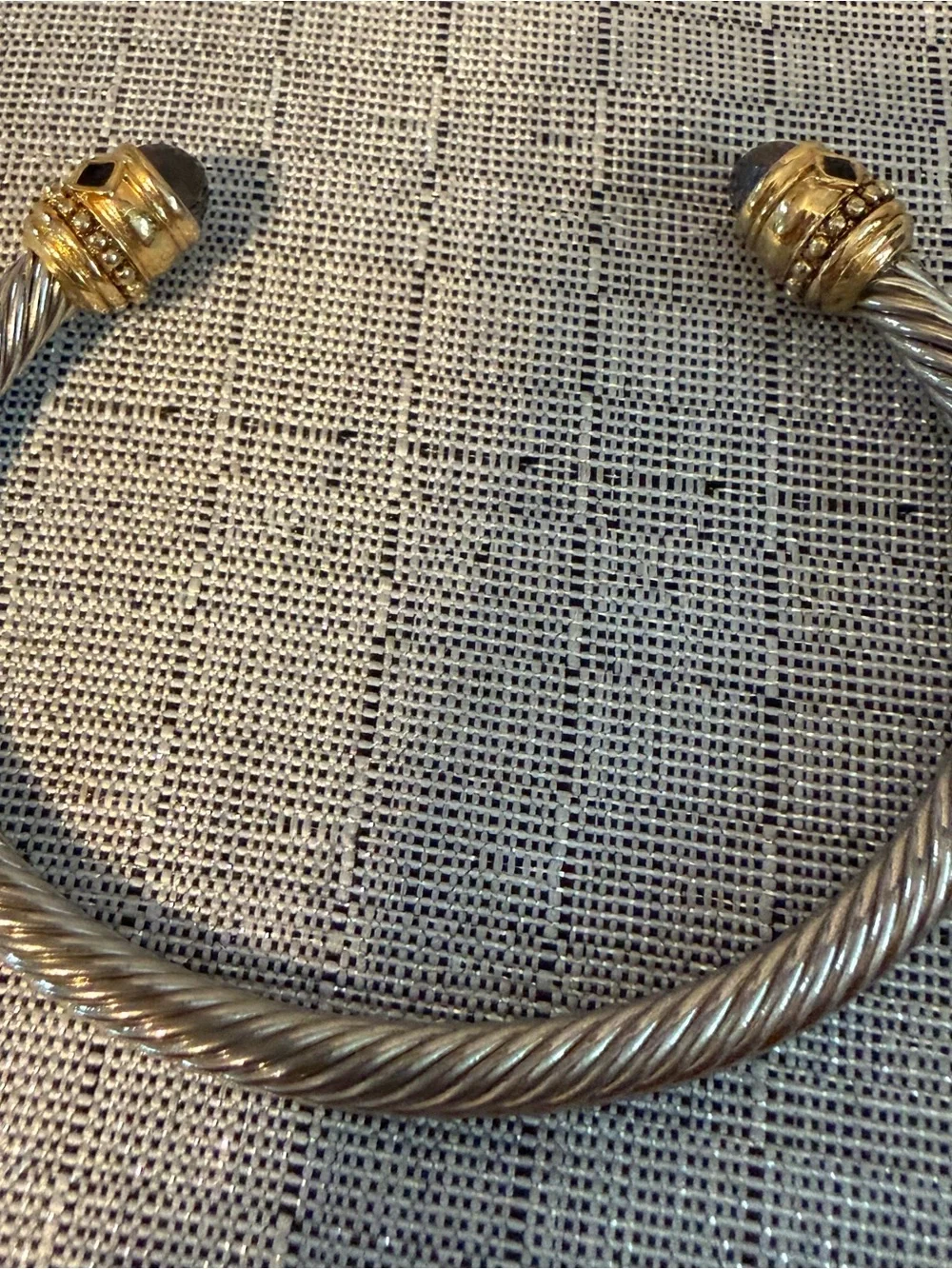 Silver-Tone Twisted Cuff Bracelet with Black Stone